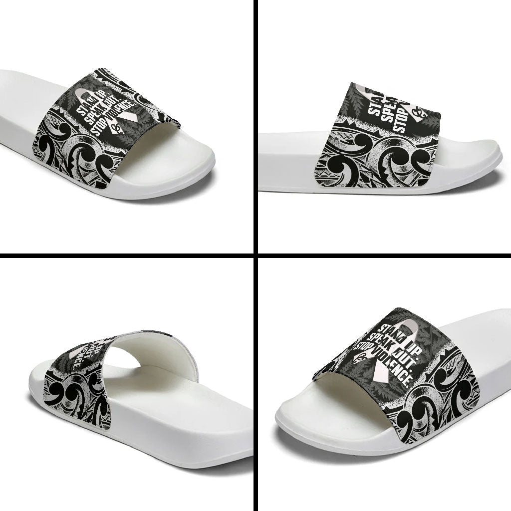 White Ribbon Day New Zealand Slide Sandals Respect Women Maori Pattern Black