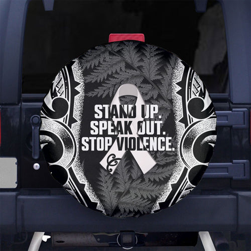White Ribbon Day New Zealand Spare Tire Cover Respect Women Maori Pattern Black