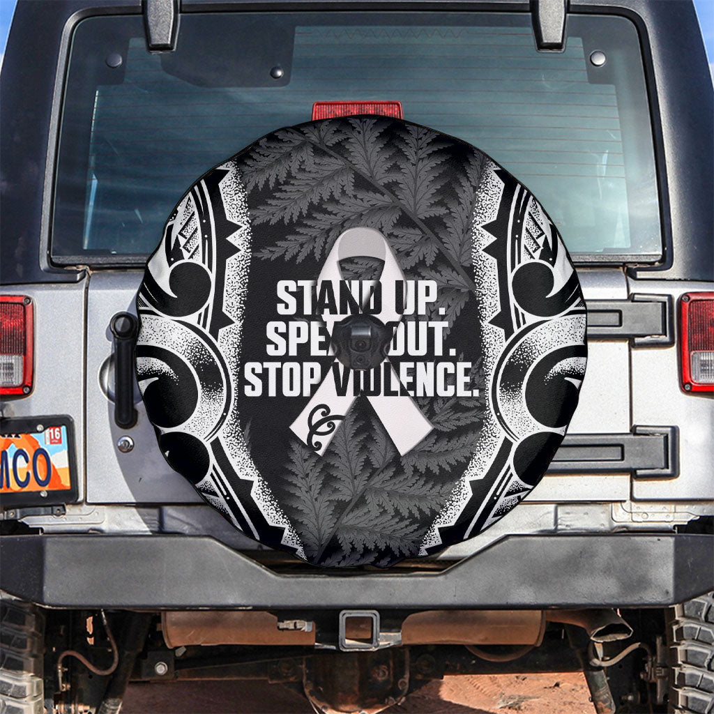 White Ribbon Day New Zealand Spare Tire Cover Respect Women Maori Pattern Black