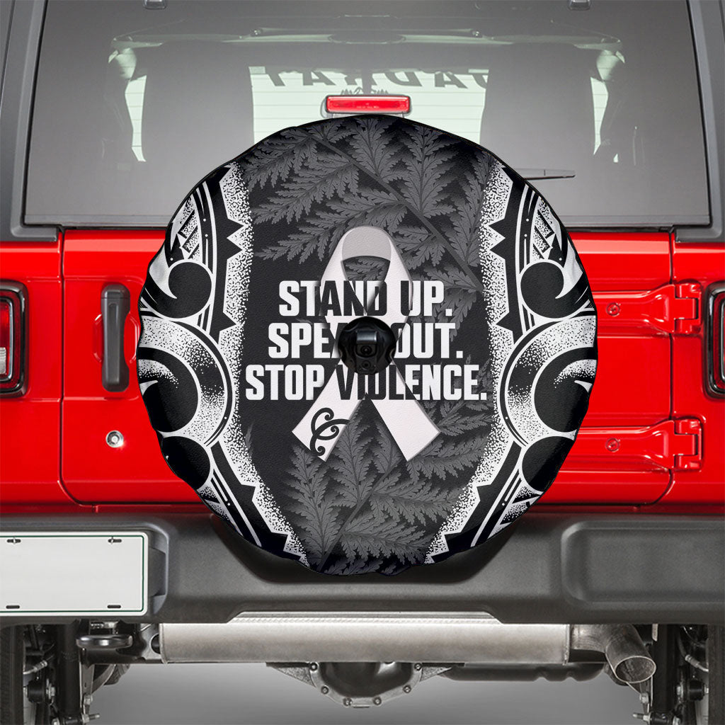 White Ribbon Day New Zealand Spare Tire Cover Respect Women Maori Pattern Black