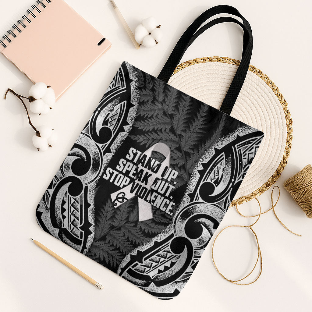 White Ribbon Day New Zealand Tote Bag Respect Women Maori Pattern Black