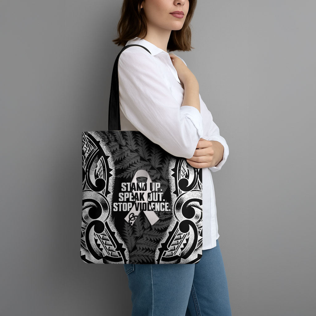 White Ribbon Day New Zealand Tote Bag Respect Women Maori Pattern Black