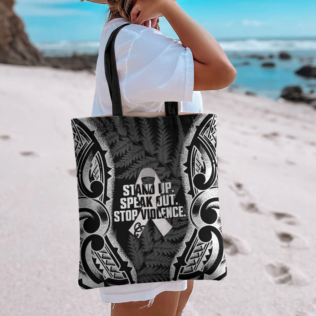 White Ribbon Day New Zealand Tote Bag Respect Women Maori Pattern Black