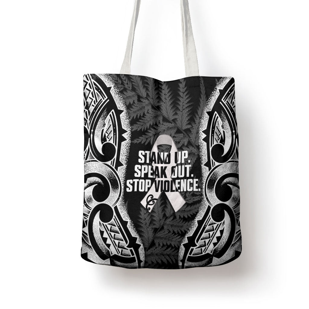 White Ribbon Day New Zealand Tote Bag Respect Women Maori Pattern Black