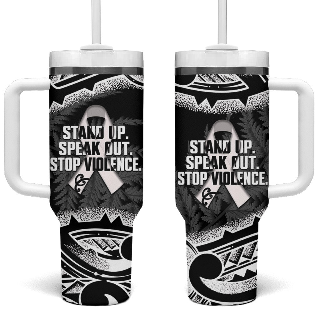 White Ribbon Day New Zealand Tumbler With Handle Respect Women Maori Pattern Black