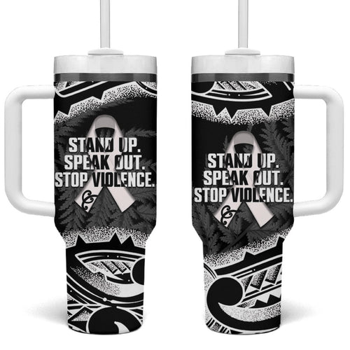 White Ribbon Day New Zealand Tumbler With Handle Respect Women Maori Pattern Black