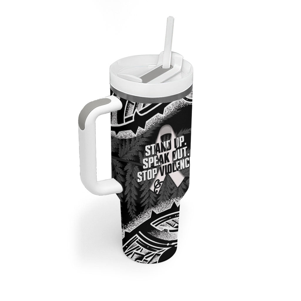 White Ribbon Day New Zealand Tumbler With Handle Respect Women Maori Pattern Black