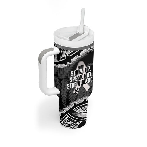 White Ribbon Day New Zealand Tumbler With Handle Respect Women Maori Pattern Black
