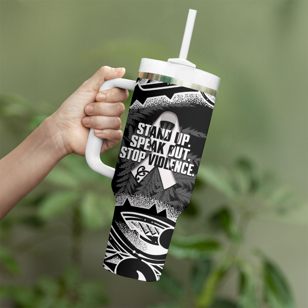 White Ribbon Day New Zealand Tumbler With Handle Respect Women Maori Pattern Black