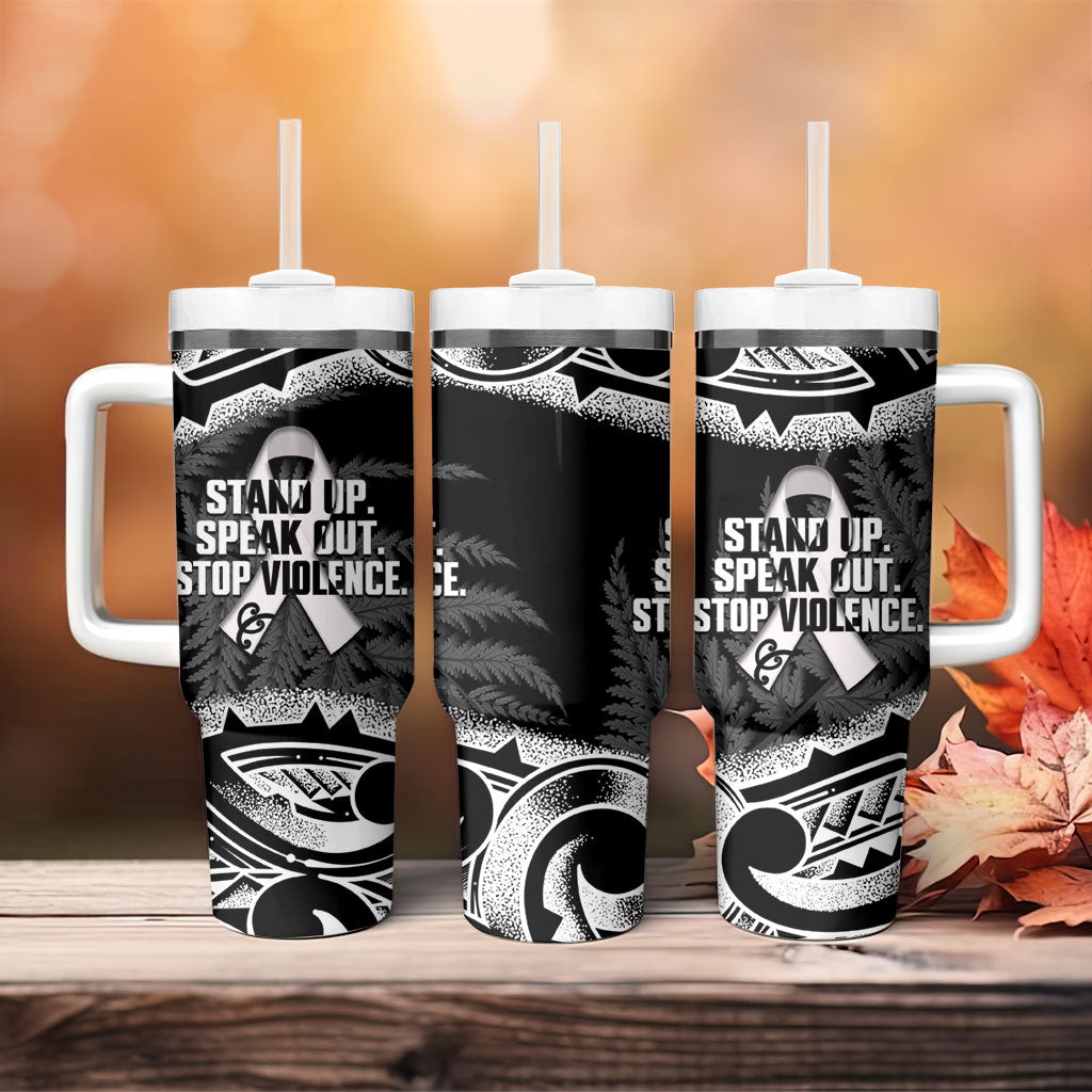 White Ribbon Day New Zealand Tumbler With Handle Respect Women Maori Pattern Black
