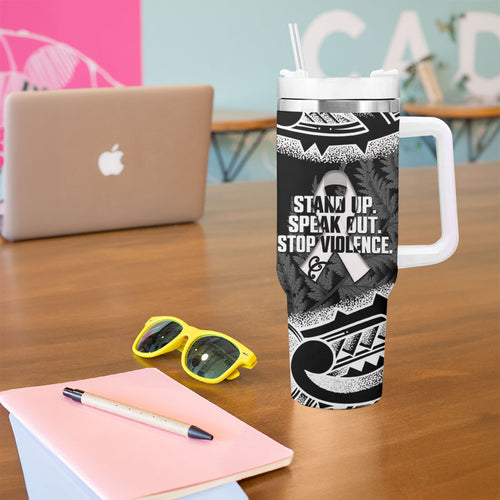 White Ribbon Day New Zealand Tumbler With Handle Respect Women Maori Pattern Black