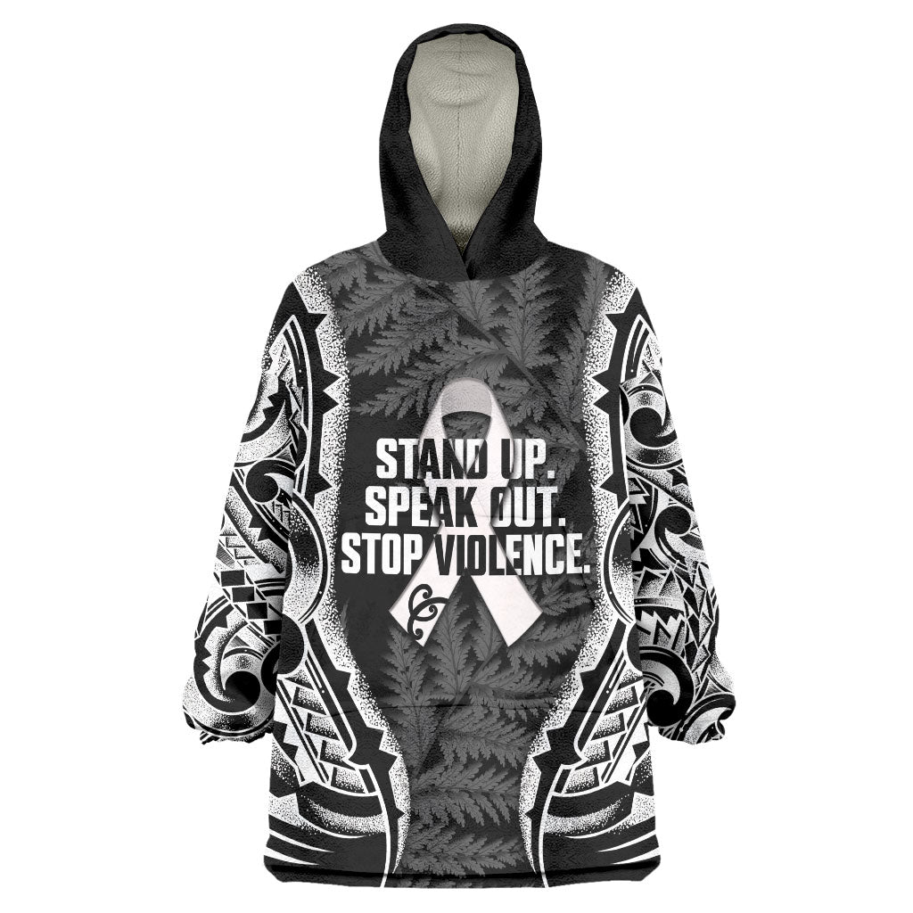 White Ribbon Day New Zealand Wearable Blanket Hoodie Respect Women Maori Pattern Black