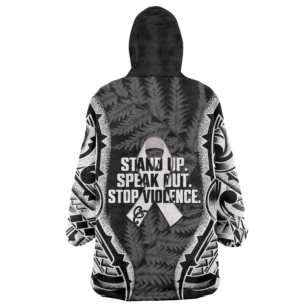 White Ribbon Day New Zealand Wearable Blanket Hoodie Respect Women Maori Pattern Black