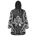 White Ribbon Day New Zealand Wearable Blanket Hoodie Respect Women Maori Pattern Black