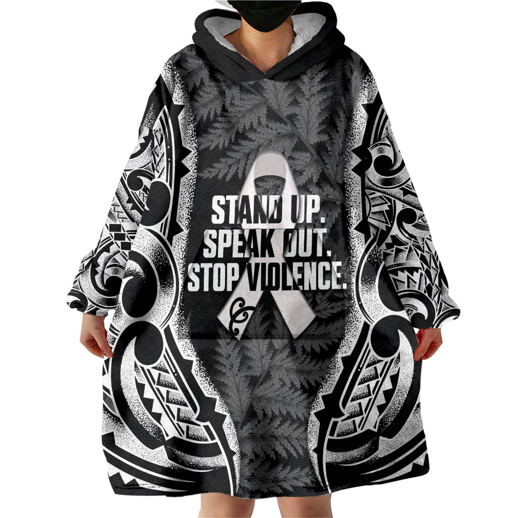 White Ribbon Day New Zealand Wearable Blanket Hoodie Respect Women Maori Pattern Black
