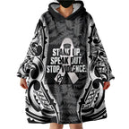White Ribbon Day New Zealand Wearable Blanket Hoodie Respect Women Maori Pattern Black