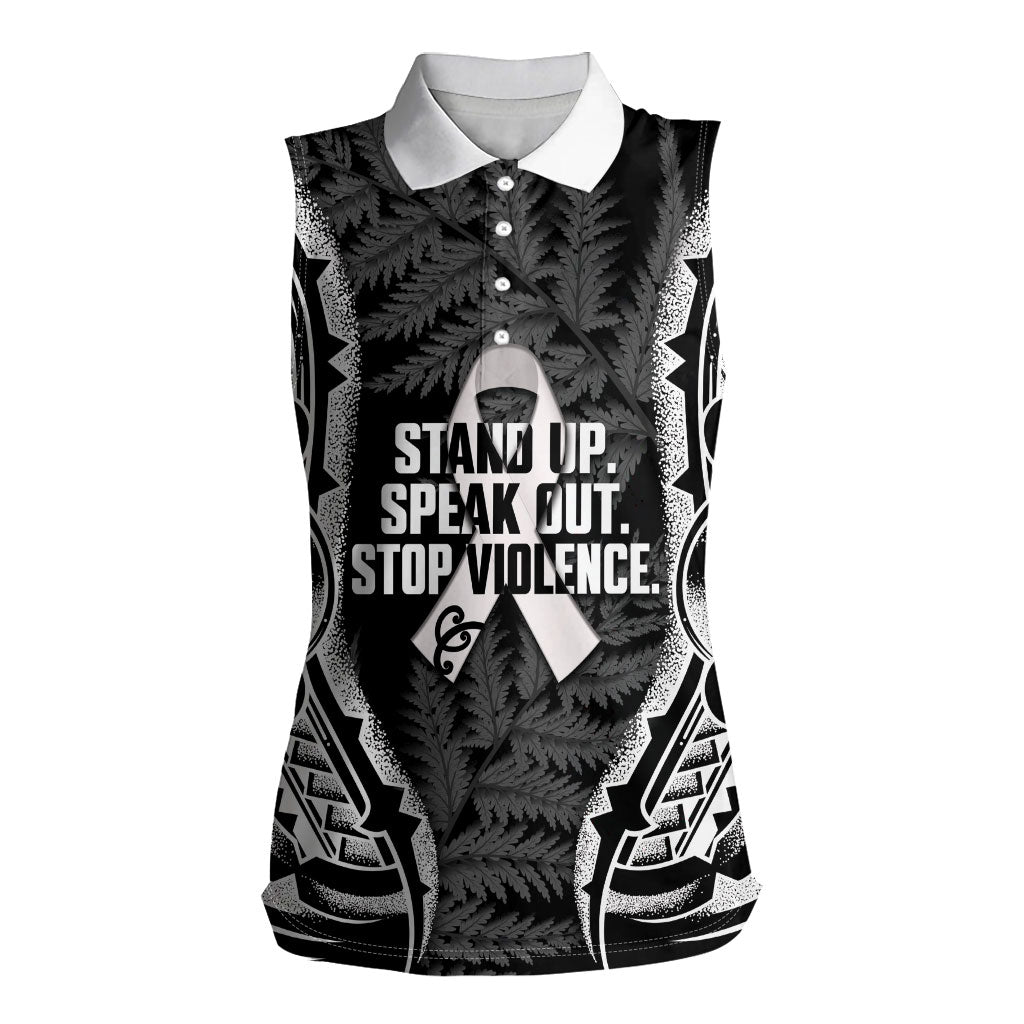 White Ribbon Day New Zealand Women Sleeveless Polo Shirt Respect Women Maori Pattern Black