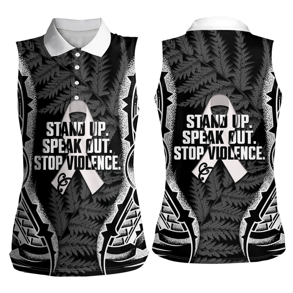 White Ribbon Day New Zealand Women Sleeveless Polo Shirt Respect Women Maori Pattern Black