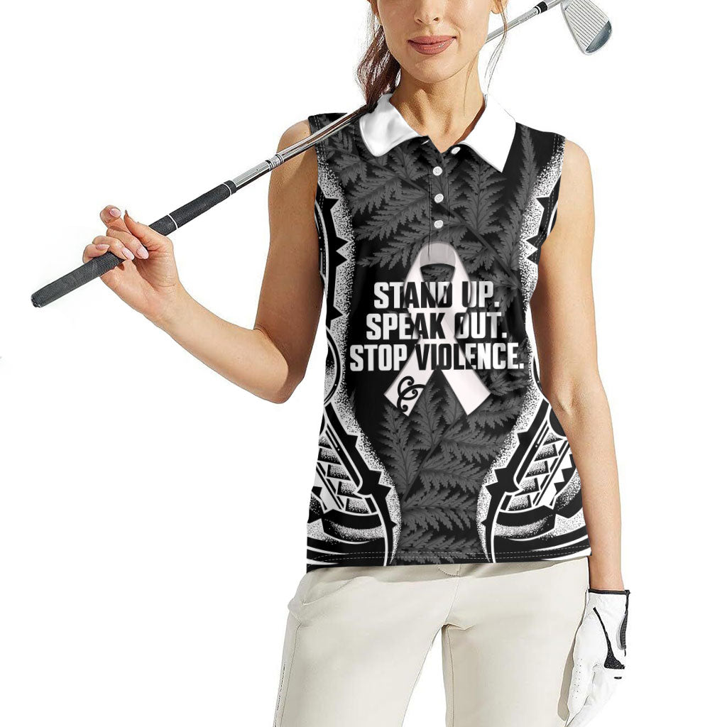 White Ribbon Day New Zealand Women Sleeveless Polo Shirt Respect Women Maori Pattern Black