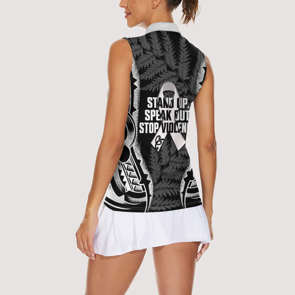 White Ribbon Day New Zealand Women Sleeveless Polo Shirt Respect Women Maori Pattern Black