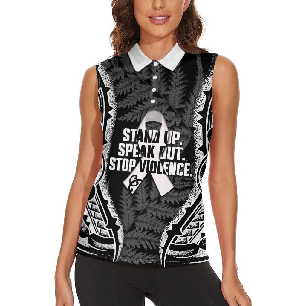 White Ribbon Day New Zealand Women Sleeveless Polo Shirt Respect Women Maori Pattern Black