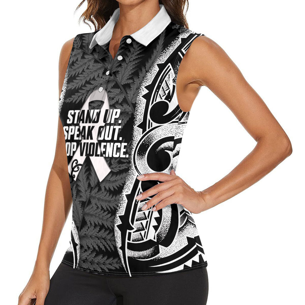 White Ribbon Day New Zealand Women Sleeveless Polo Shirt Respect Women Maori Pattern Black