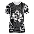 White Ribbon Day New Zealand Women V-Neck T-Shirt Respect Women Maori Pattern Black