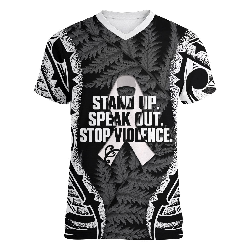 White Ribbon Day New Zealand Women V-Neck T-Shirt Respect Women Maori Pattern Black