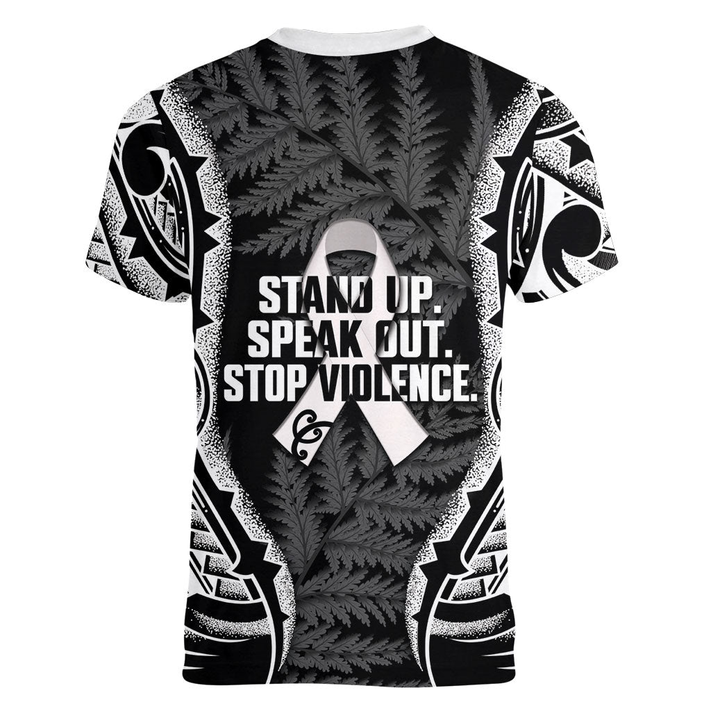 White Ribbon Day New Zealand Women V-Neck T-Shirt Respect Women Maori Pattern Black