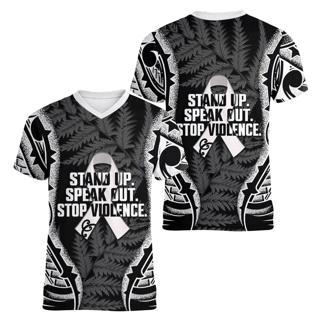 White Ribbon Day New Zealand Women V-Neck T-Shirt Respect Women Maori Pattern Black