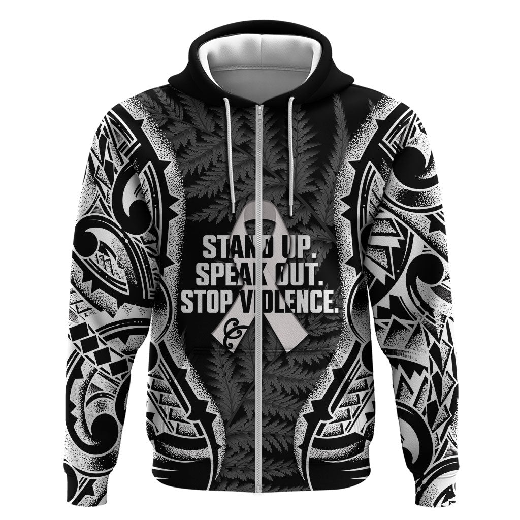 White Ribbon Day New Zealand Zip Hoodie Respect Women Maori Pattern Black