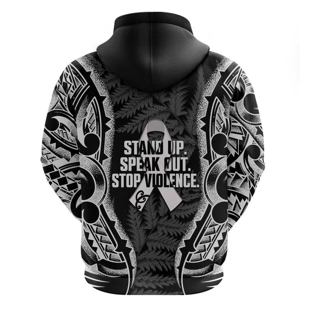 White Ribbon Day New Zealand Zip Hoodie Respect Women Maori Pattern Black