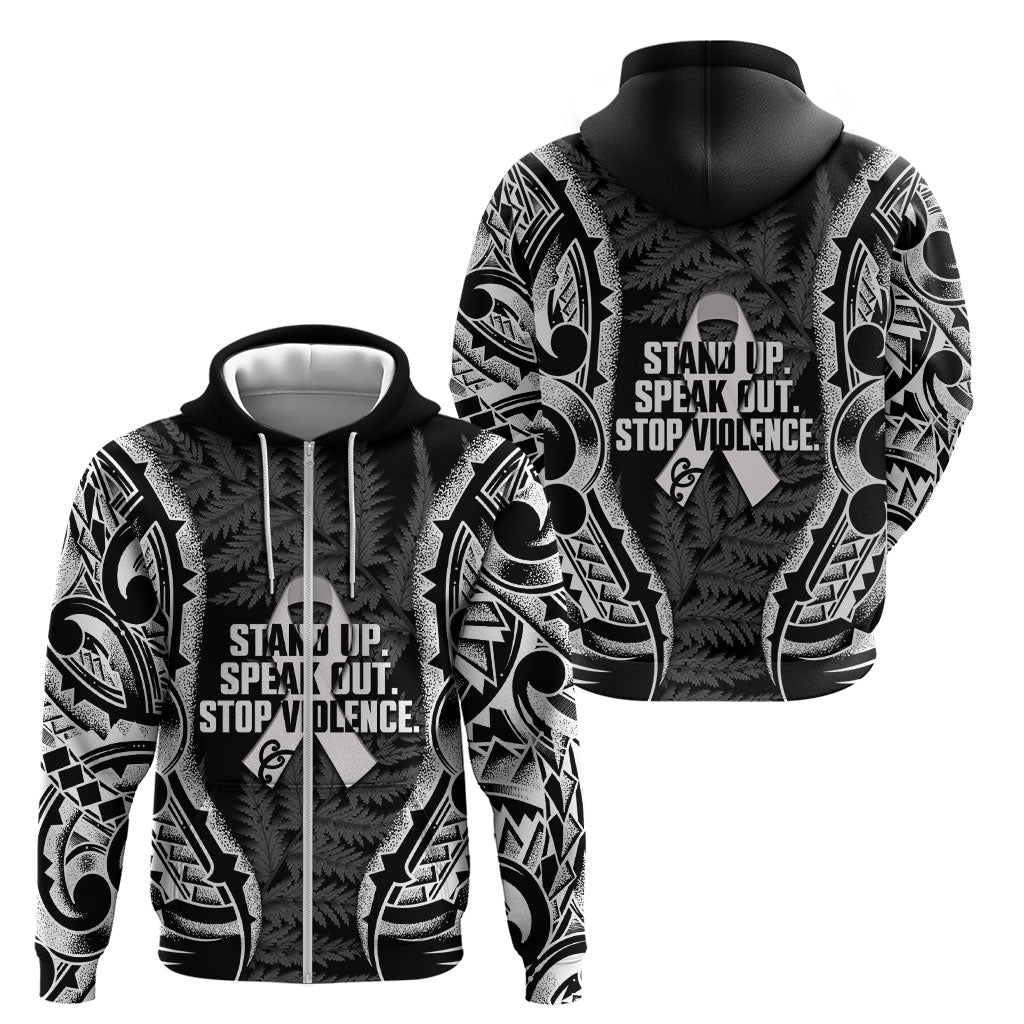 White Ribbon Day New Zealand Zip Hoodie Respect Women Maori Pattern Black
