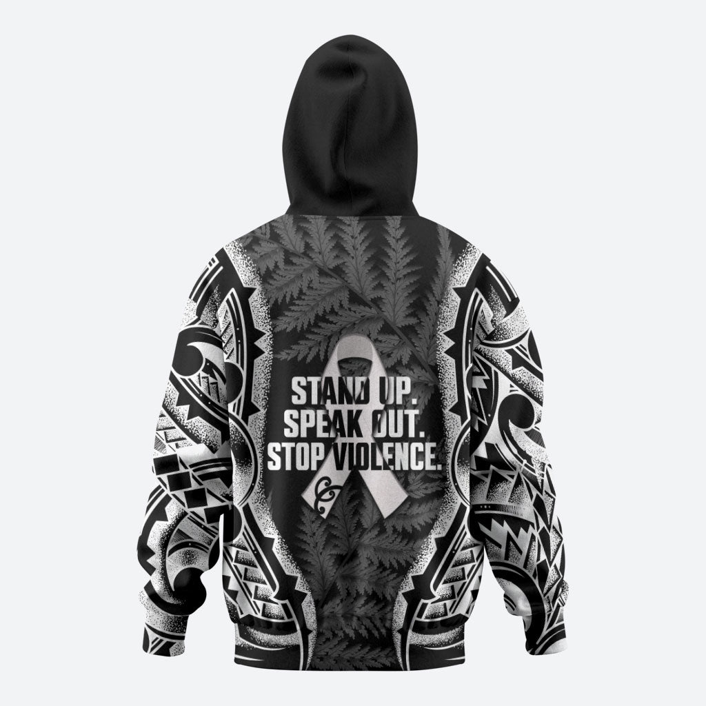 White Ribbon Day New Zealand Zip Hoodie Respect Women Maori Pattern Black