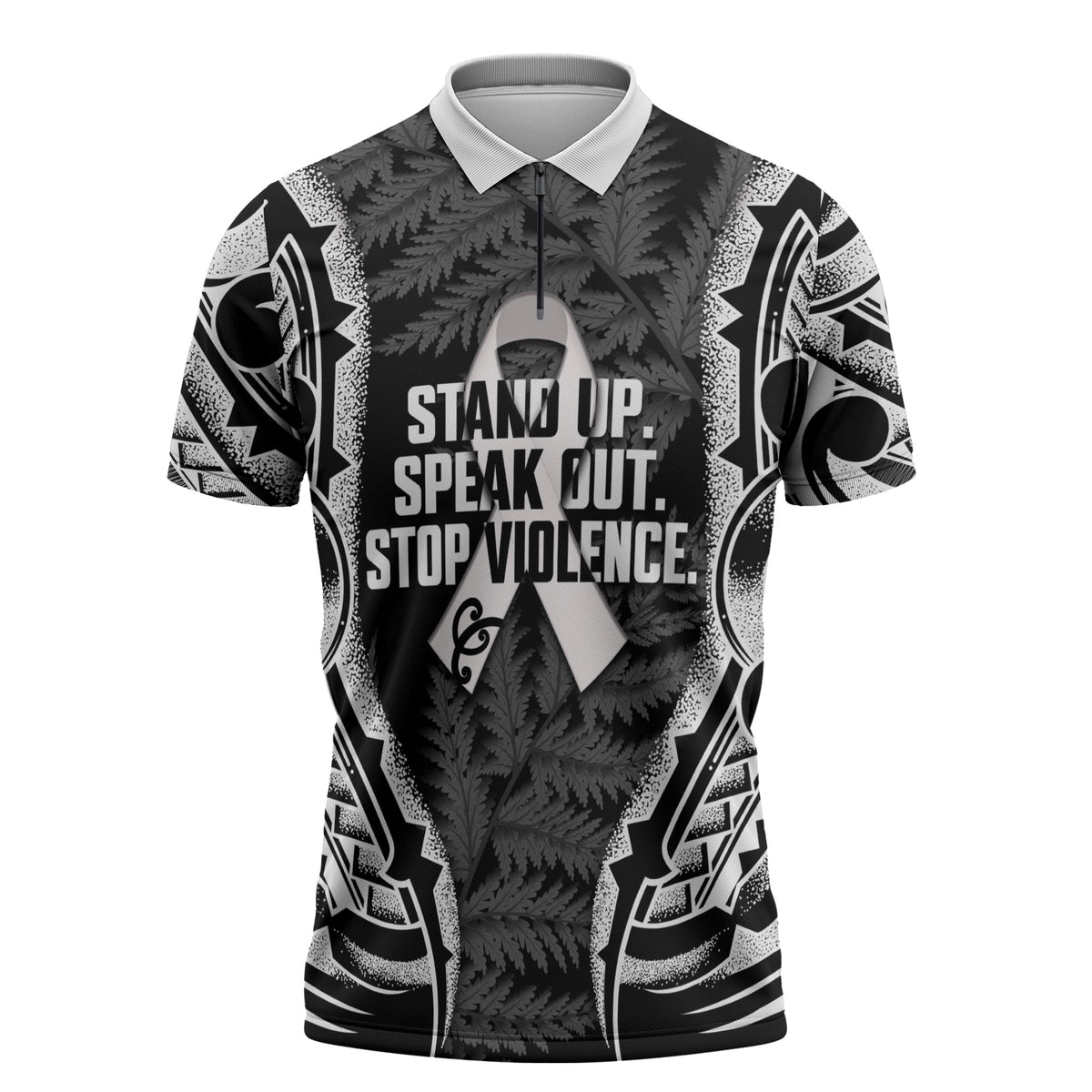 White Ribbon Day New Zealand Zipper Polo Shirt Respect Women Maori Pattern Black