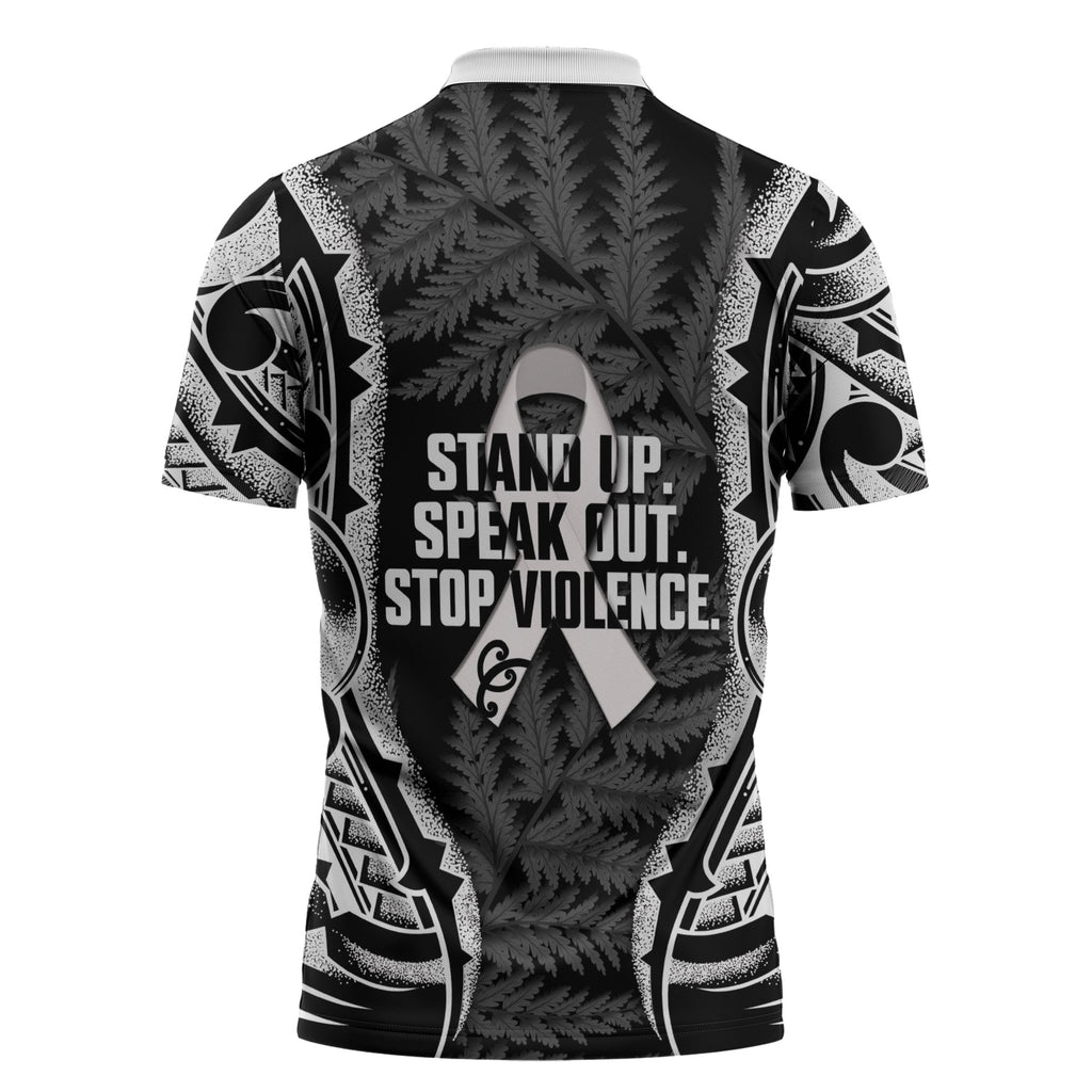 White Ribbon Day New Zealand Zipper Polo Shirt Respect Women Maori Pattern Black