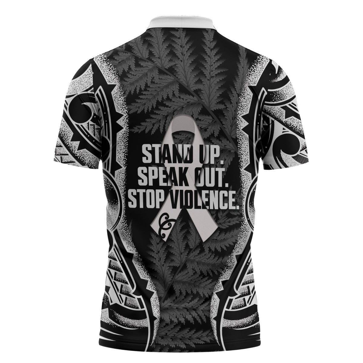 White Ribbon Day New Zealand Zipper Polo Shirt Respect Women Maori Pattern Black