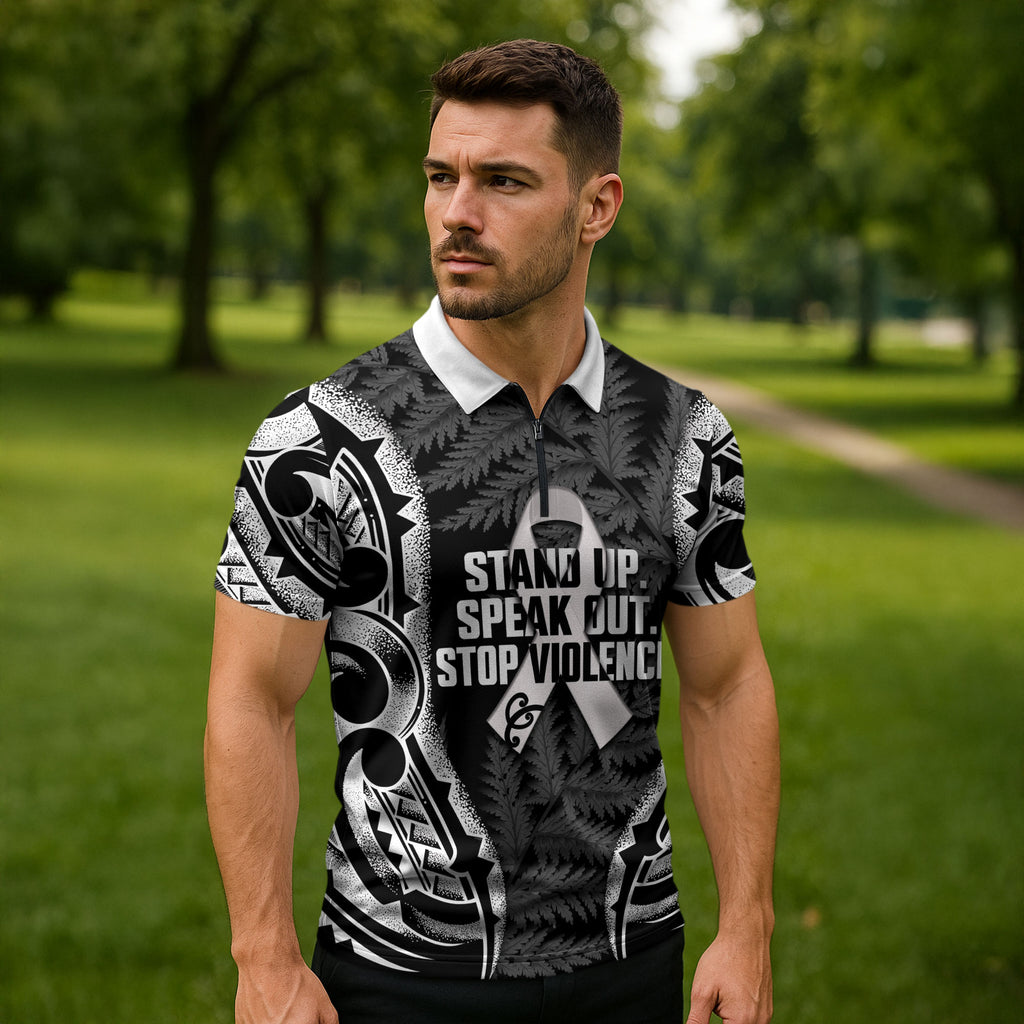 White Ribbon Day New Zealand Zipper Polo Shirt Respect Women Maori Pattern Black