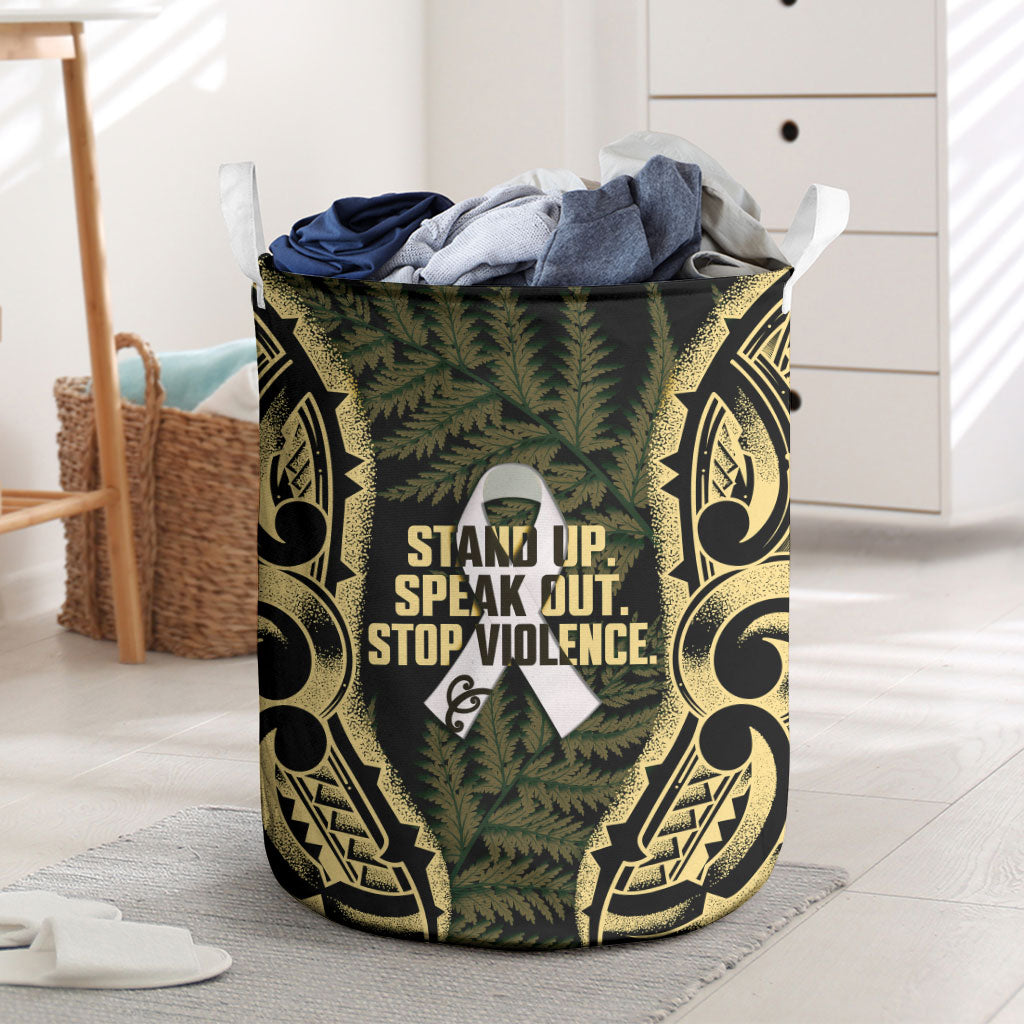 White Ribbon Day New Zealand Laundry Basket Respect Women Maori Pattern Yellow