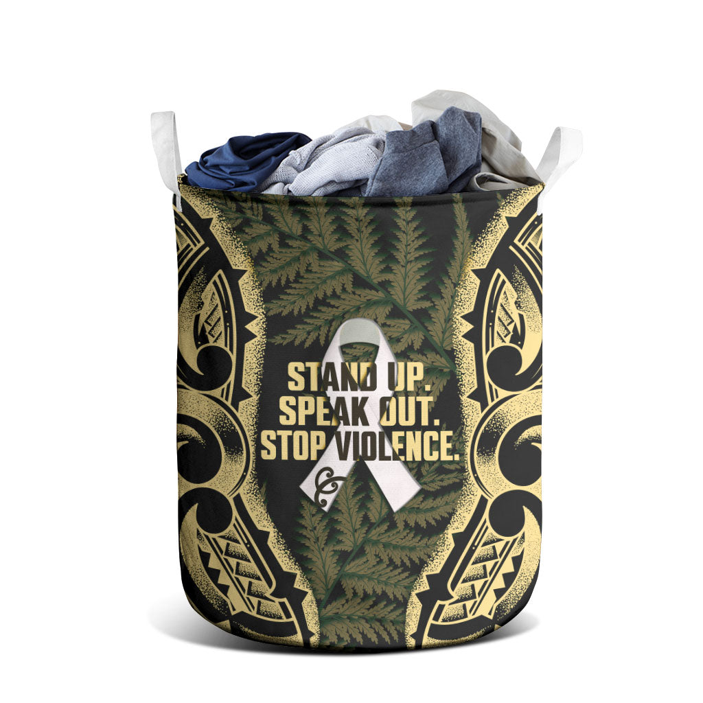 White Ribbon Day New Zealand Laundry Basket Respect Women Maori Pattern Yellow