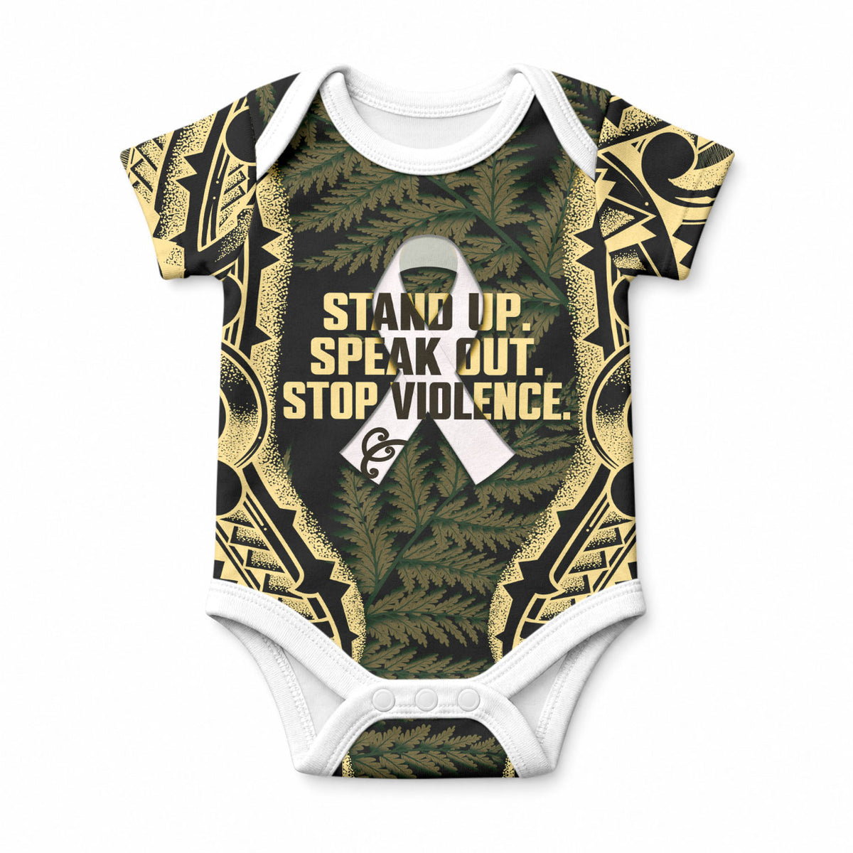 White Ribbon Day New Zealand Baby Onesie Respect Women Maori Pattern Yellow