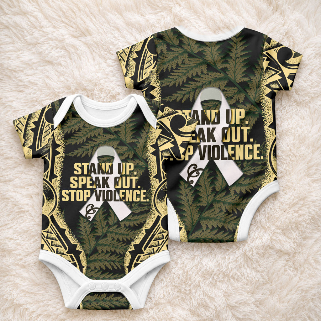 White Ribbon Day New Zealand Baby Onesie Respect Women Maori Pattern Yellow