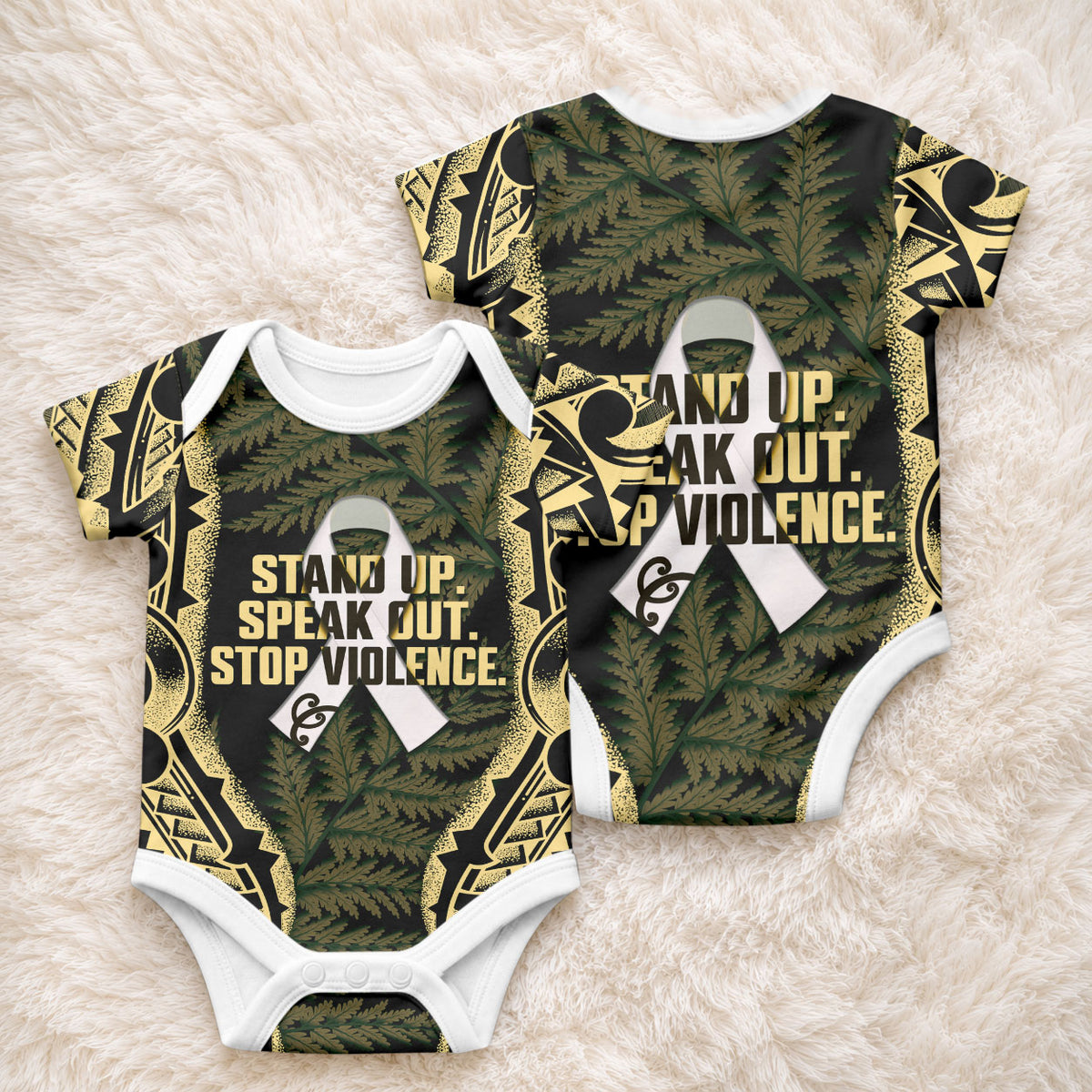White Ribbon Day New Zealand Baby Onesie Respect Women Maori Pattern Yellow