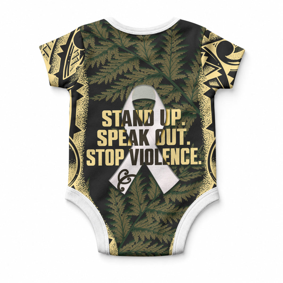 White Ribbon Day New Zealand Baby Onesie Respect Women Maori Pattern Yellow