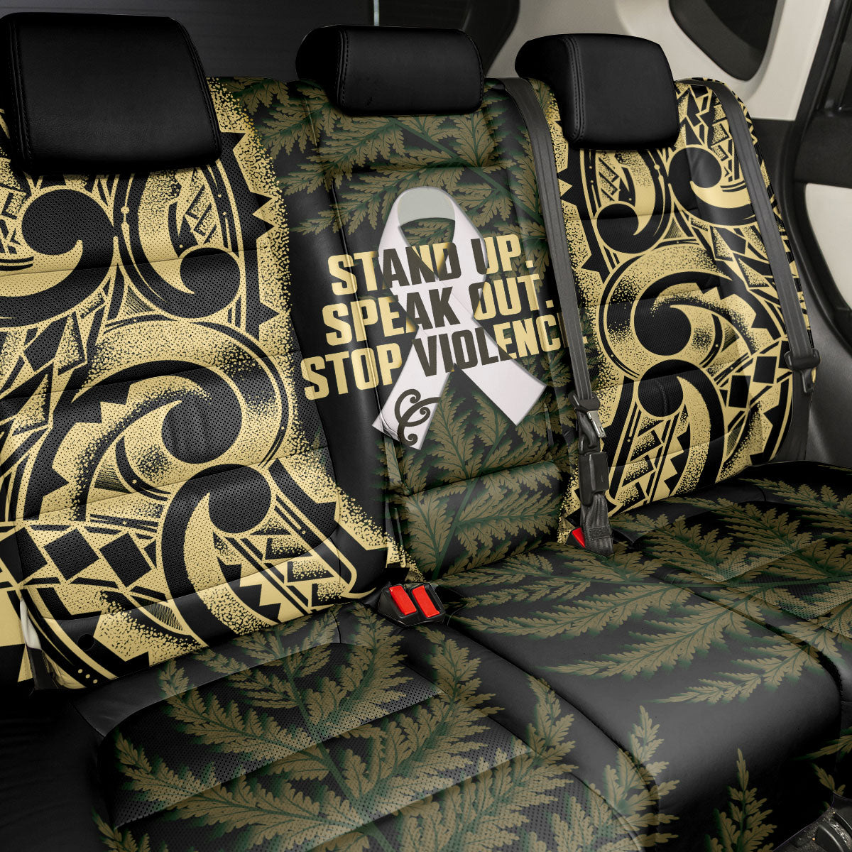 White Ribbon Day New Zealand Back Car Seat Cover Respect Women Maori Pattern Yellow