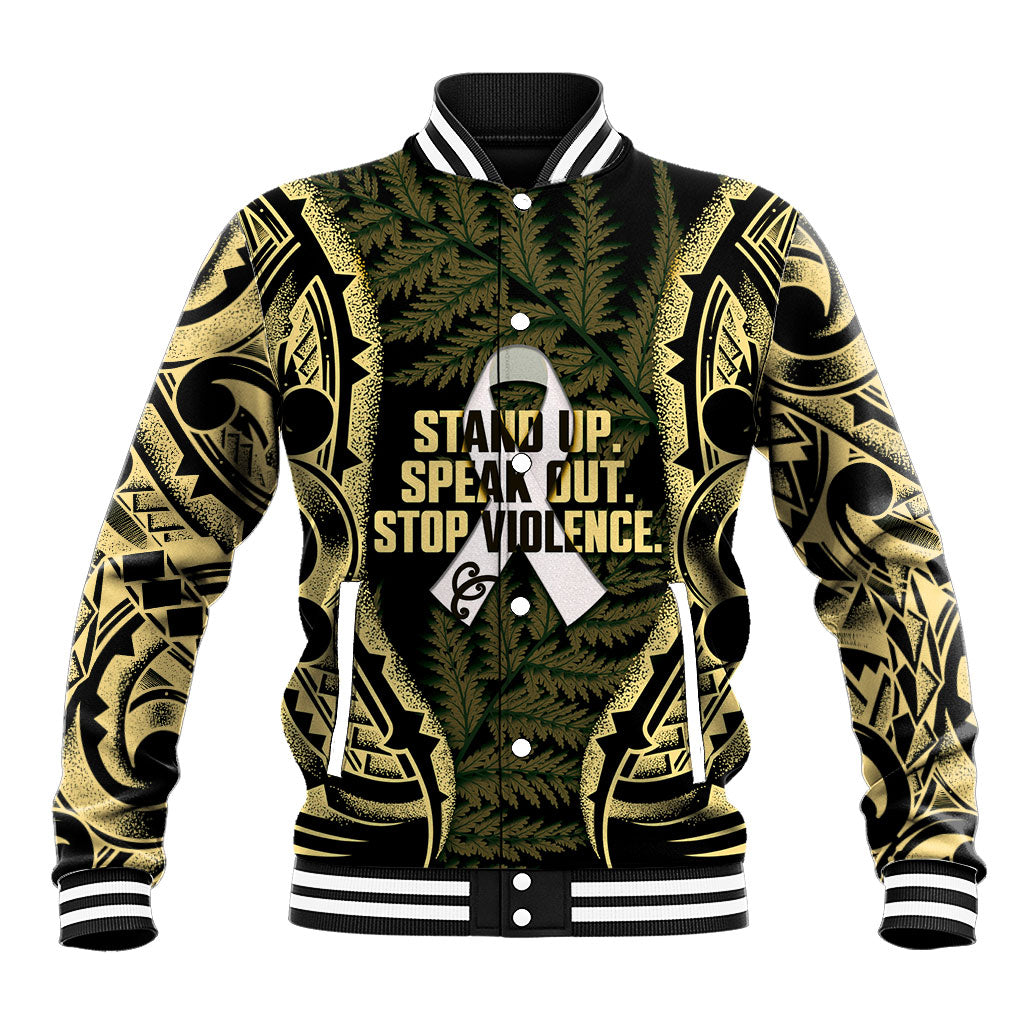 White Ribbon Day New Zealand Baseball Jacket Respect Women Maori Pattern Yellow