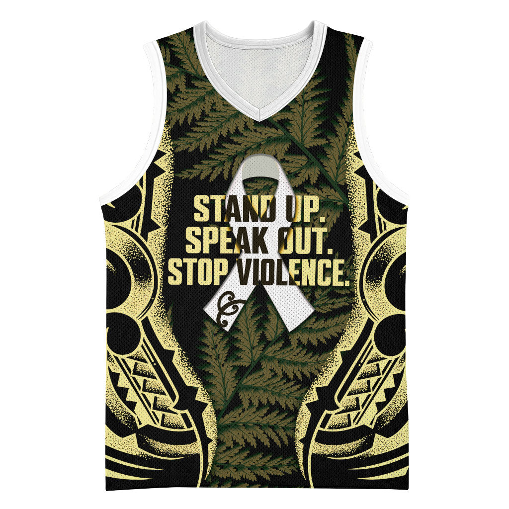 White Ribbon Day New Zealand Basketball Jersey Respect Women Maori Pattern Yellow