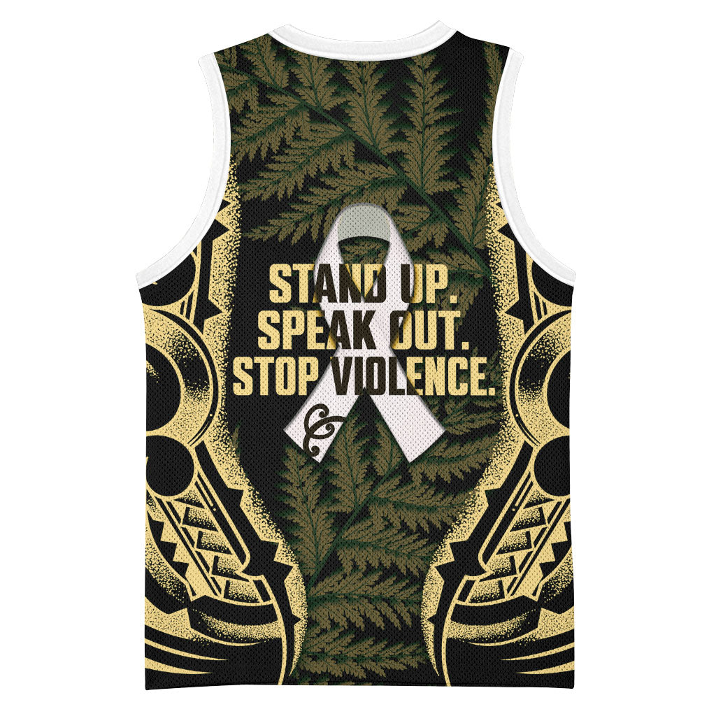 White Ribbon Day New Zealand Basketball Jersey Respect Women Maori Pattern Yellow