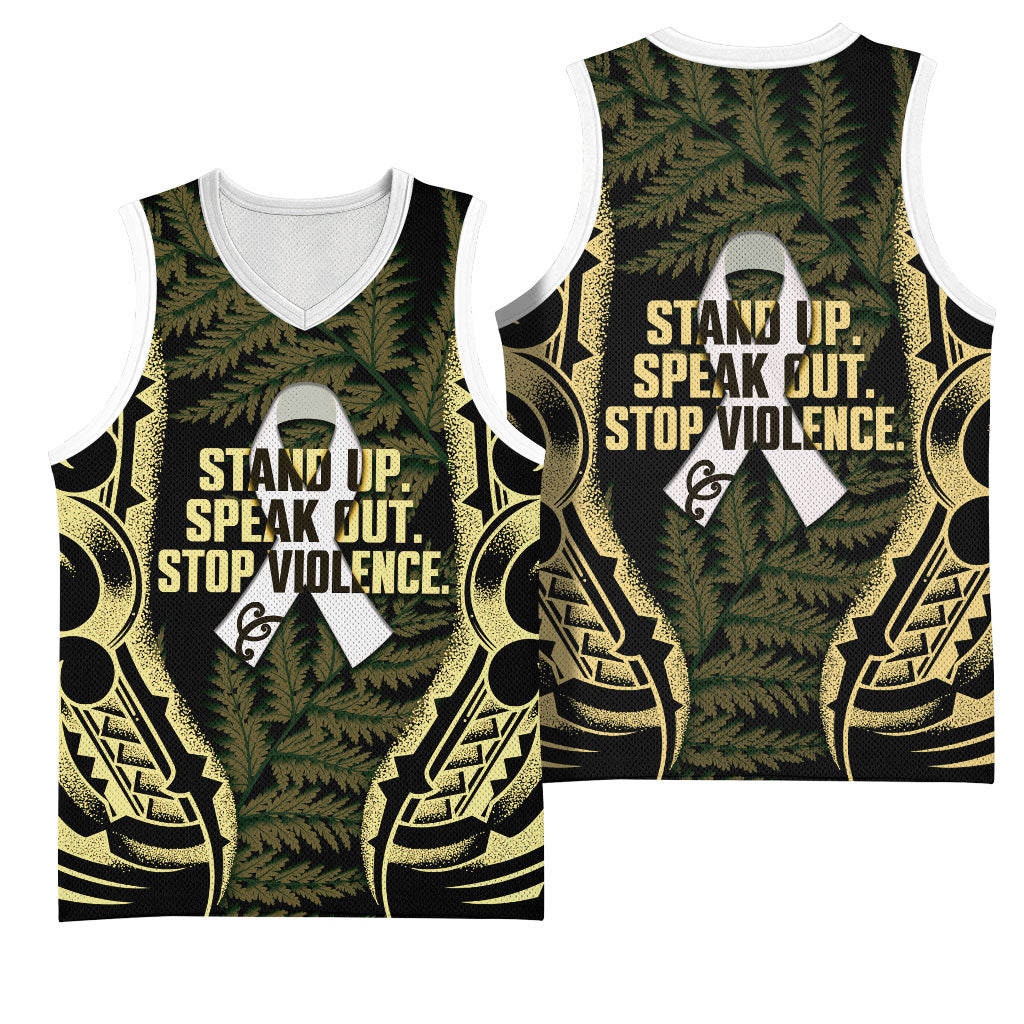 White Ribbon Day New Zealand Basketball Jersey Respect Women Maori Pattern Yellow