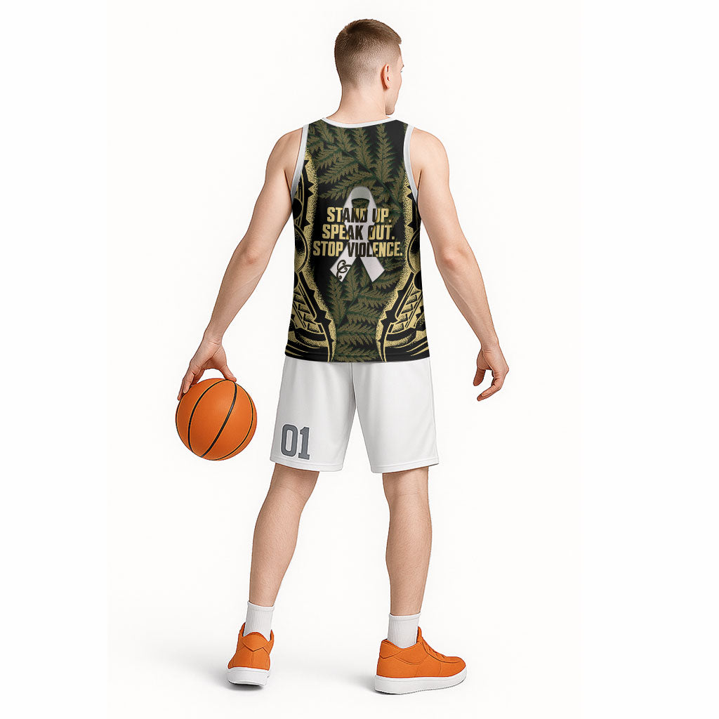 White Ribbon Day New Zealand Basketball Jersey Respect Women Maori Pattern Yellow